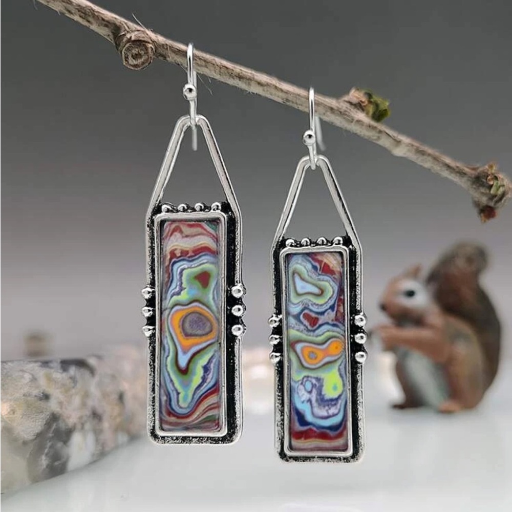 Multi-Color Rectangular Drop Earrings - Colorful Swirl Design